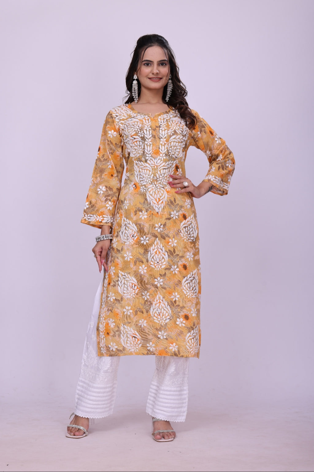 Karigiri Mustard Yellow Chikankari Printed Cotton Kurta_KF0220