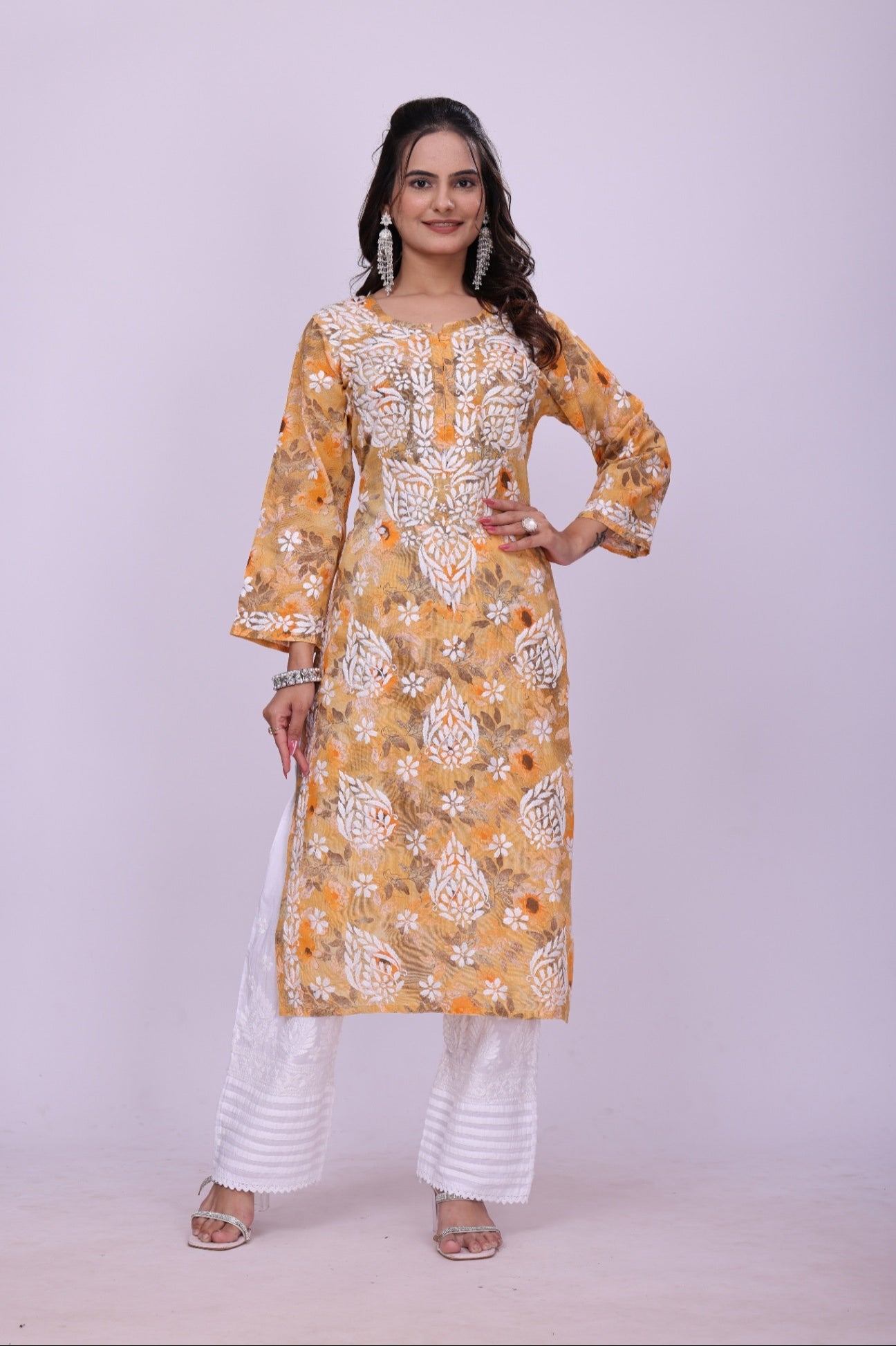 Karigiri Mustard Yellow Chikankari Printed Cotton Kurta_KF0220