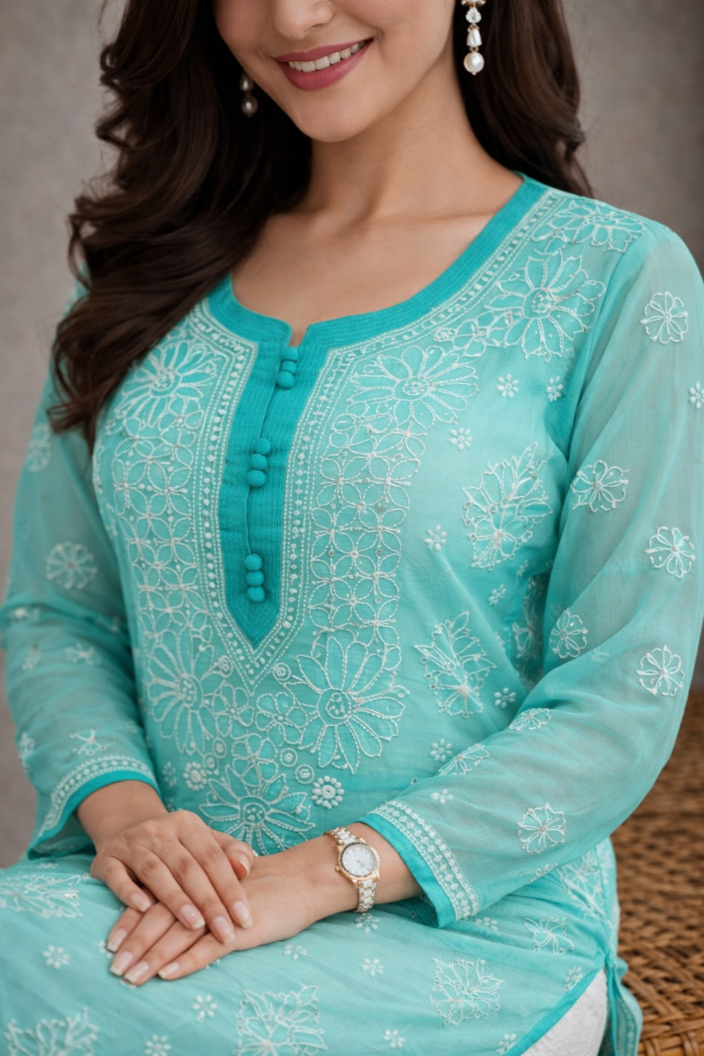 Karigiri Sea Green Chikankari Georgette Kurti Women_KF0176