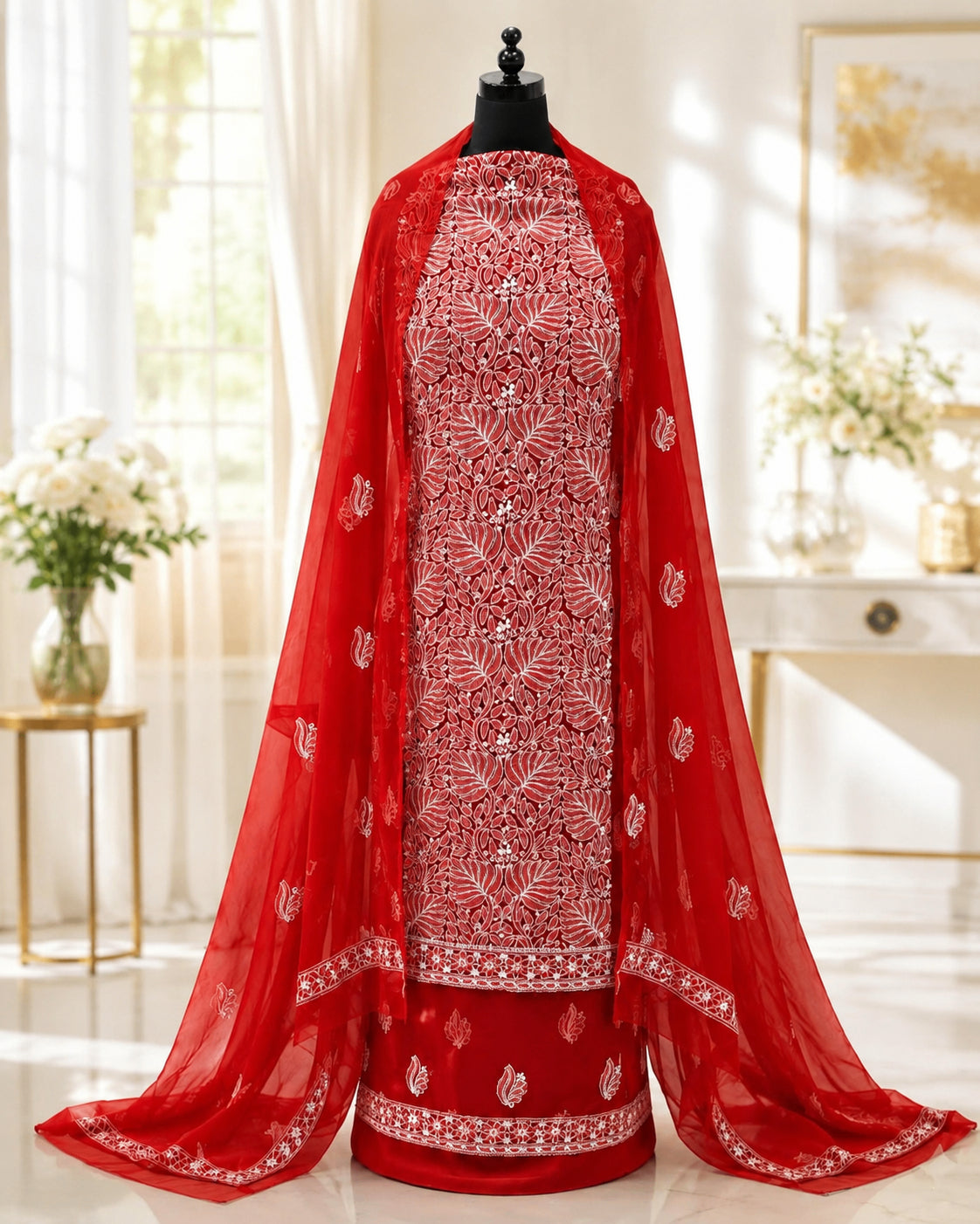 Karigiri Cherry Red Hand Embroidered Georgette 3-Piece_AFG050