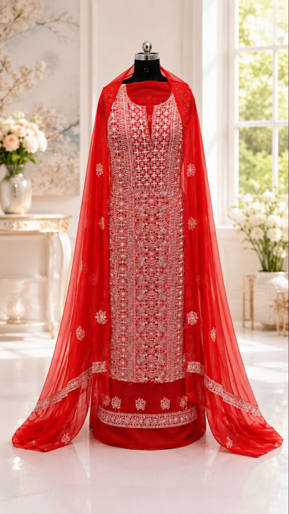 Karigiri Cherry Red Hand Embroidered Georgette Dress Set_AFG049