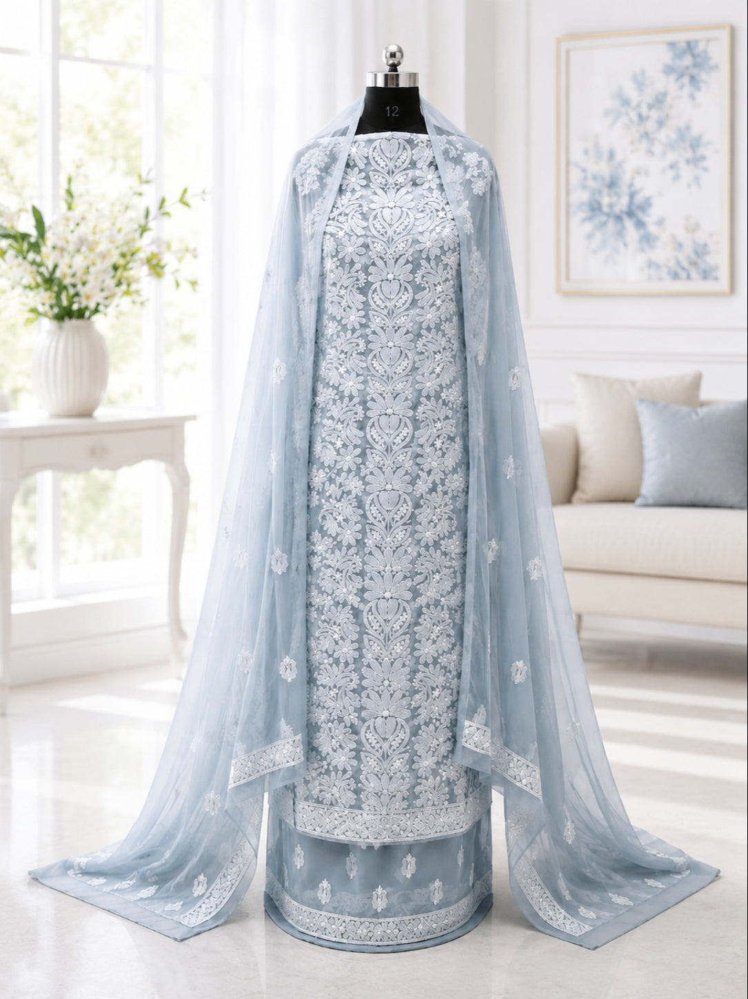 Karigiri Ice Blue Hand Embroidered Georgette Chikankari Suit_AFG034