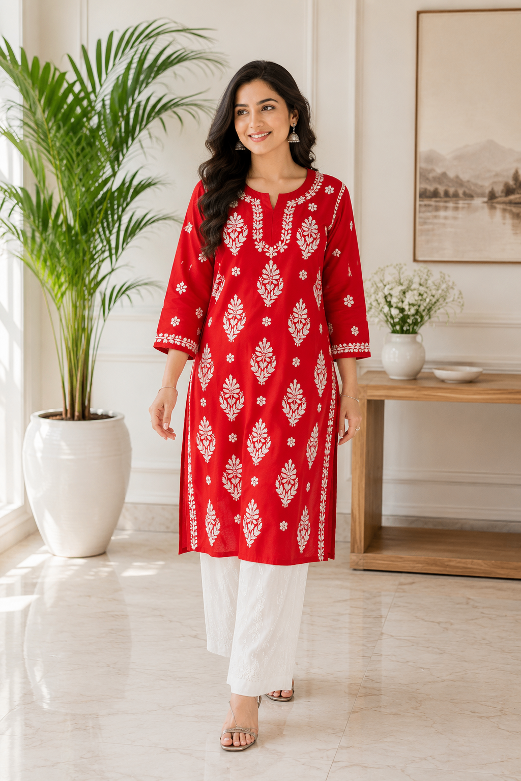 Karigiri Red Chikankari Mulmul Cotton Kurti Women_KF0066