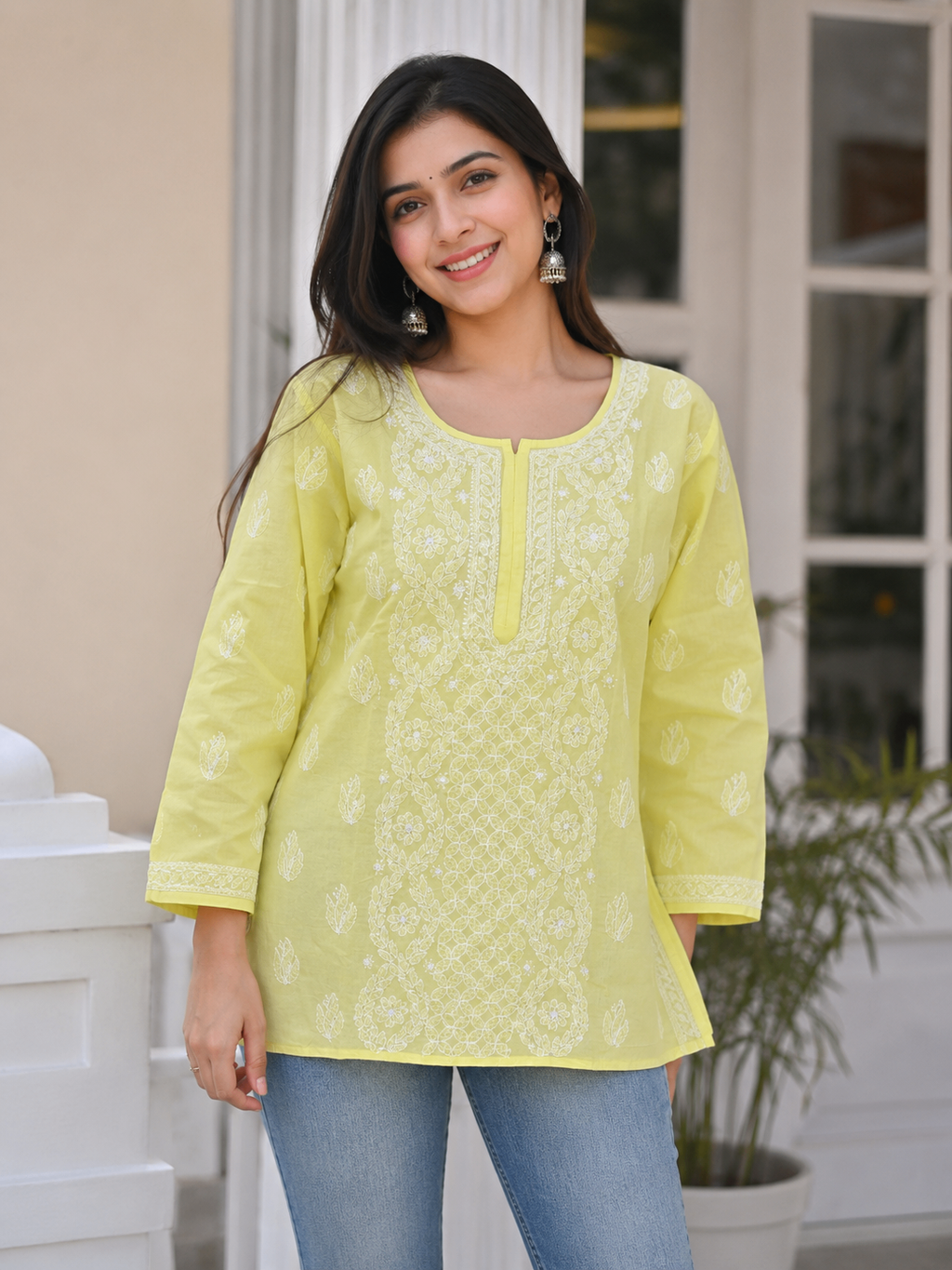 Karigiri Lemon Yellow Hand Embroidered Cotton Short Kurti_KF0302