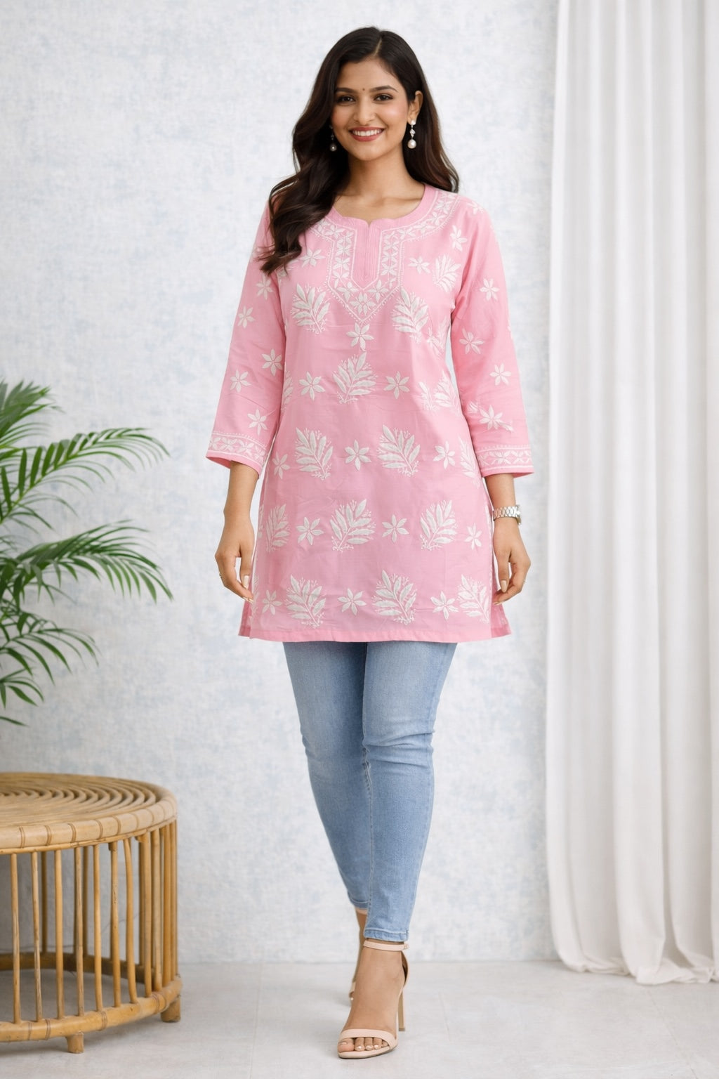 Karigiri Pink Chikankari Rayon Short Kurti Women_KF0153