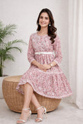 Karigiri Pink Lucknowi Chikankari Floral Printed Cotton Kurti_KF0212