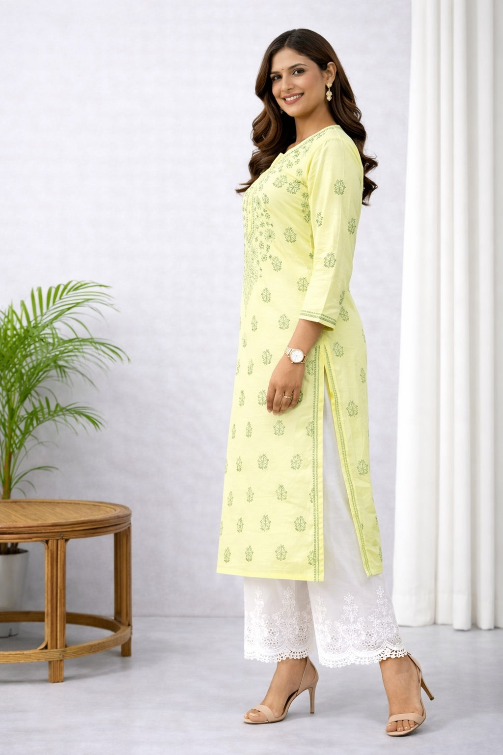Karigiri Lemon Green Chikankari Cotton Kurti_KF0079