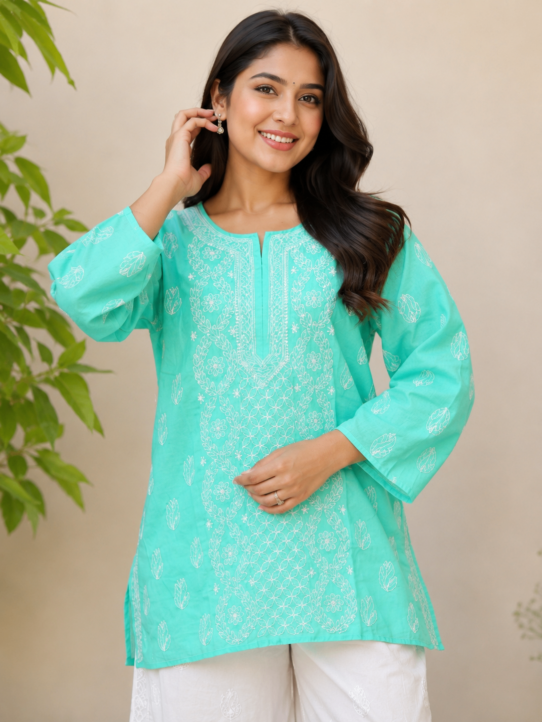 Karigiri Mint Green Hand Embroidered Chikankari Cotton Short Kurti_KF0303