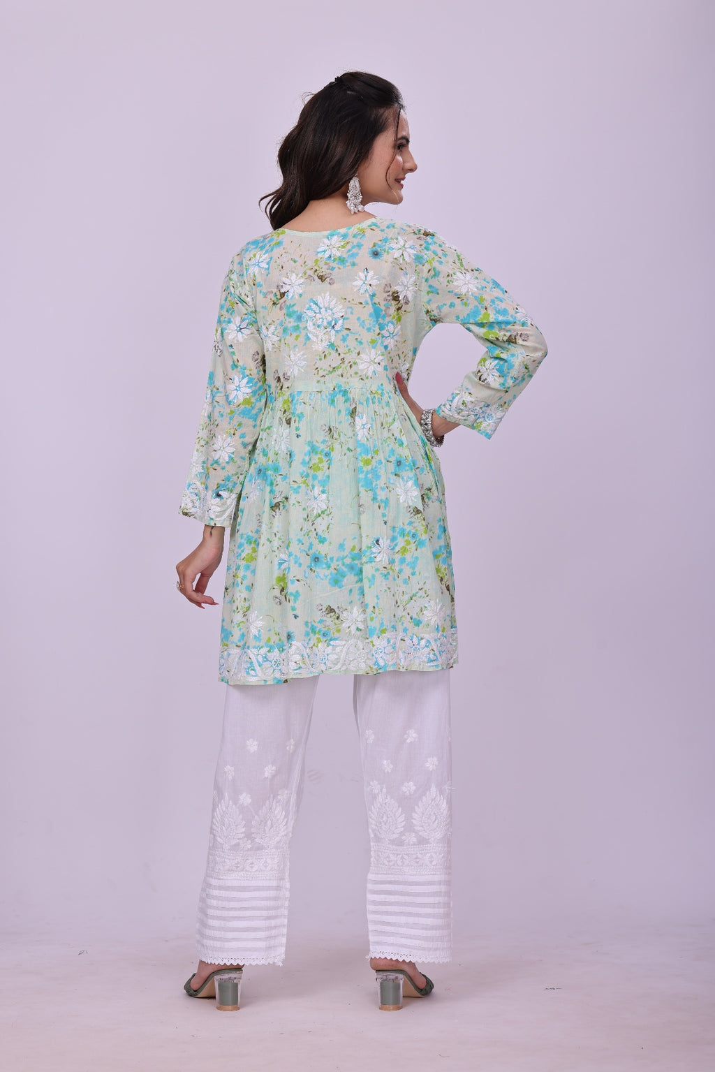 Karigiri Green Floral Chikankari Frock Style Short Kurta_KF0122