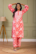 Karigiri Coral Pink Chikankari Hand Embroidered Muslin Kurti Set with White Floral Motifs, 3/4 Sleeves