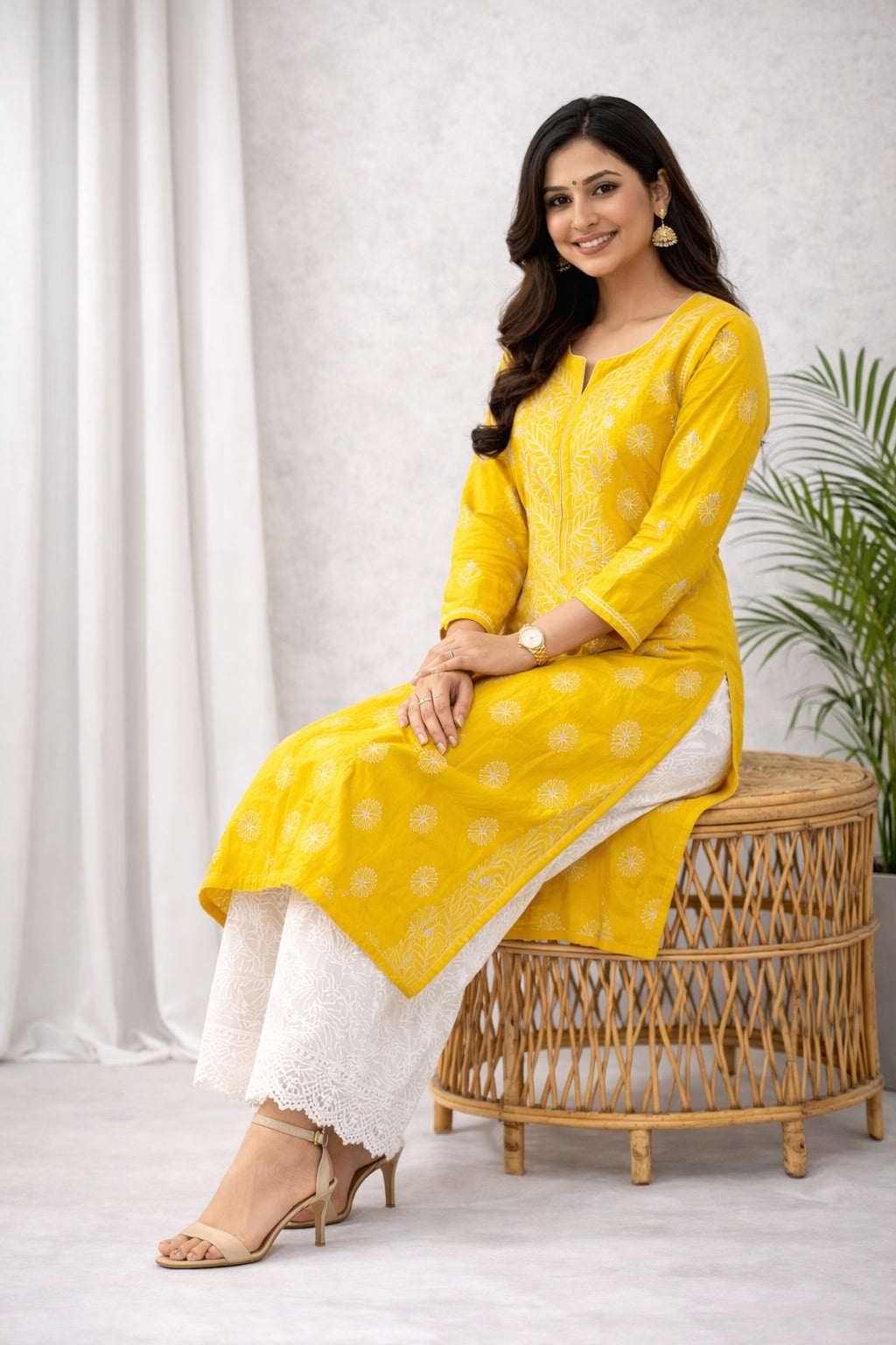 Karigiri Yellow Chikankari Rayon Cotton Kurti Women_KF0100