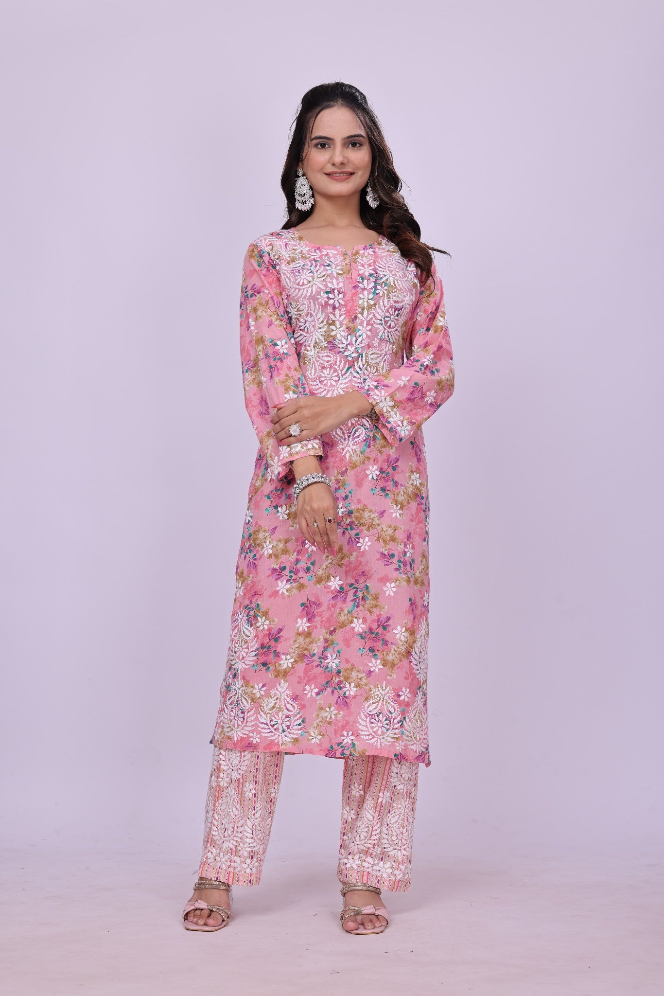 Karigiri Pink Floral Chikankari Cotton Kurti Set_KF0059