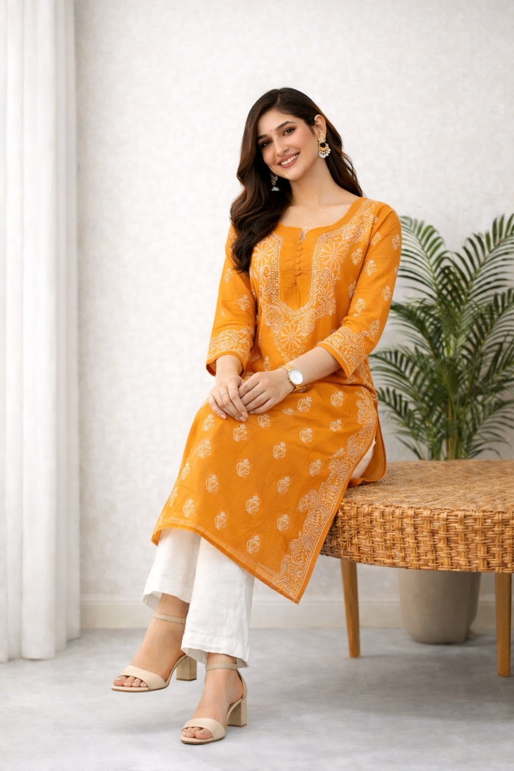 Karigiri Mustard Yellow Chikankari Cotton Kurti Women_KF0134