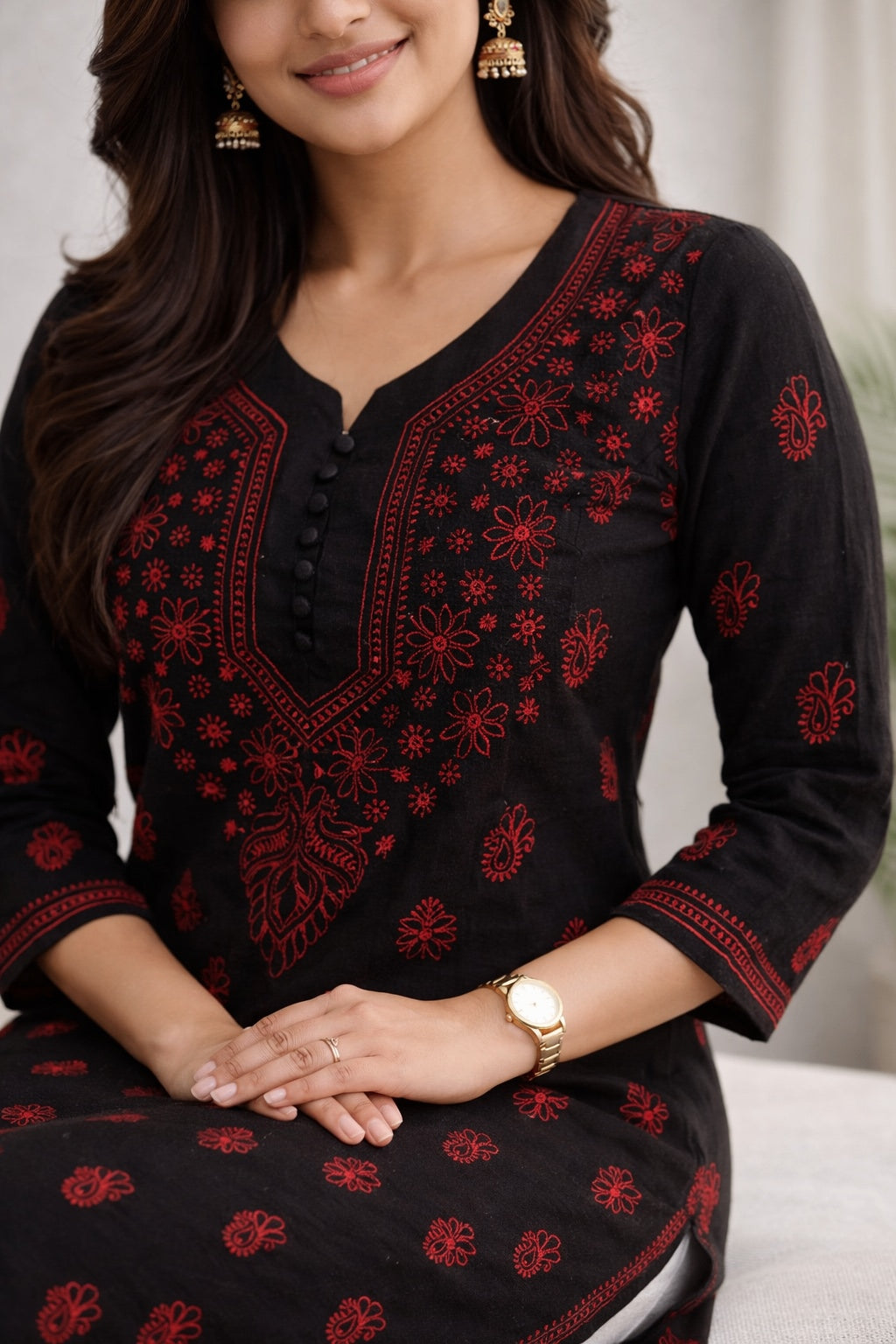 Karigiri Black Red Chikankari Cotton Kurti Women_KF0007