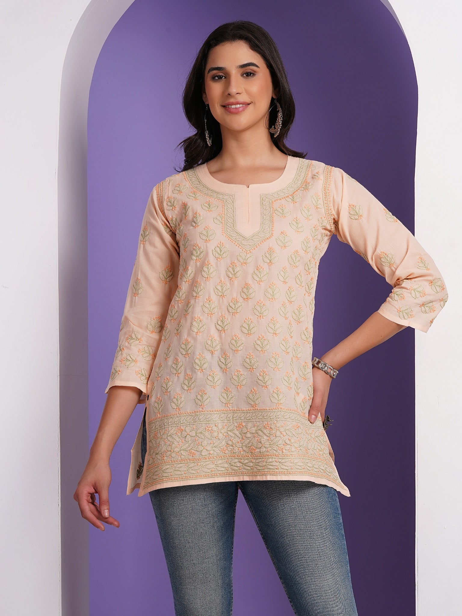 Karigiri Blush Peach Pure Cotton Chikankari Hand Embroidered Short Kurti