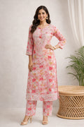 Karigiri Pink Floral Chikankari Printed Cotton Kurti Set_KF0070