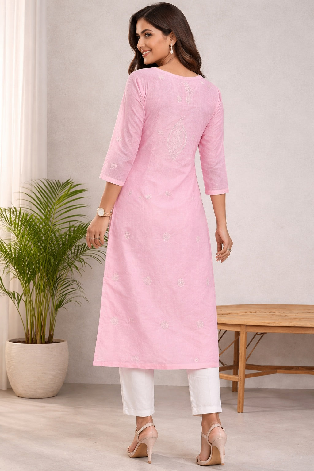Karigiri Women’s Pure Soft Cotton Kurti, Blush Pink with Lucknowi Chikankari Embroidery, Straight Fit, Round Neck, 3/4 Sleeves