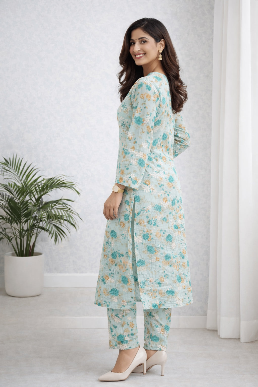 Karigiri Aqua Blue Chikankari Kurti Set Cotton_KF0001