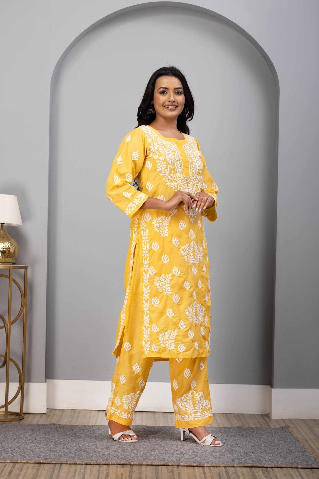 Karigiri Yellow Chikankari Hand Embroidered Muslin Kurti Set with White Floral Motifs, 3/4 Sleeves