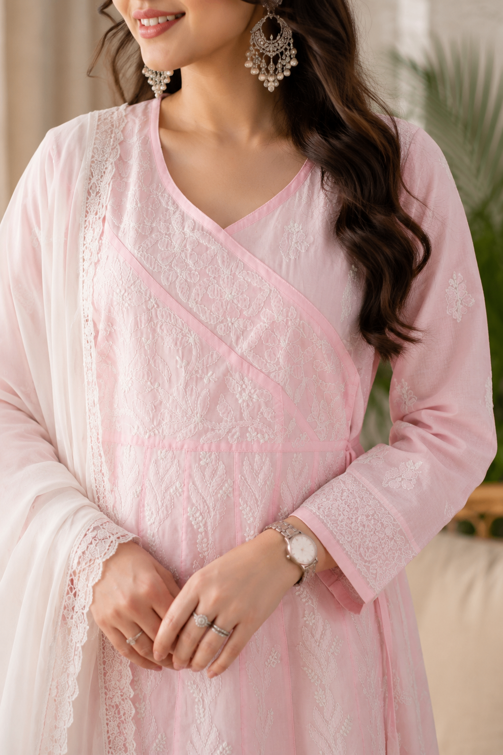 Karigiri Baby Pink Hand Embroidered Chikankari Cotton Anarkali Kurti