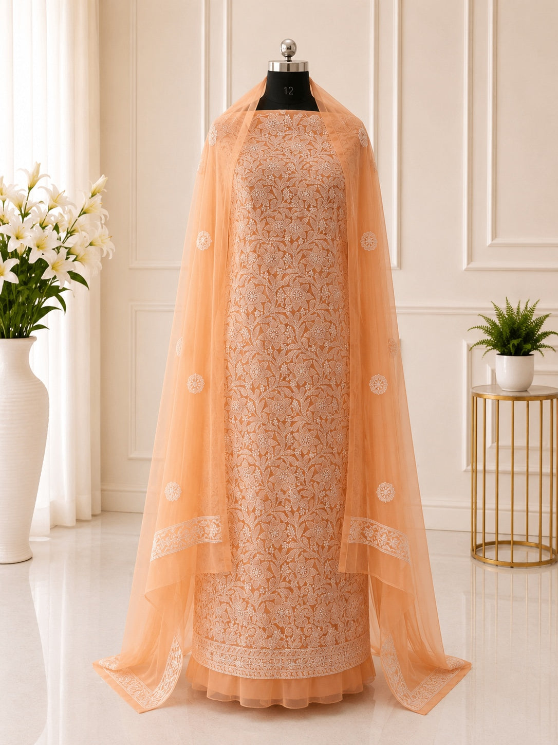 Karigiri Peach Chikankari Soft Georgette 3-Piece Dress Material