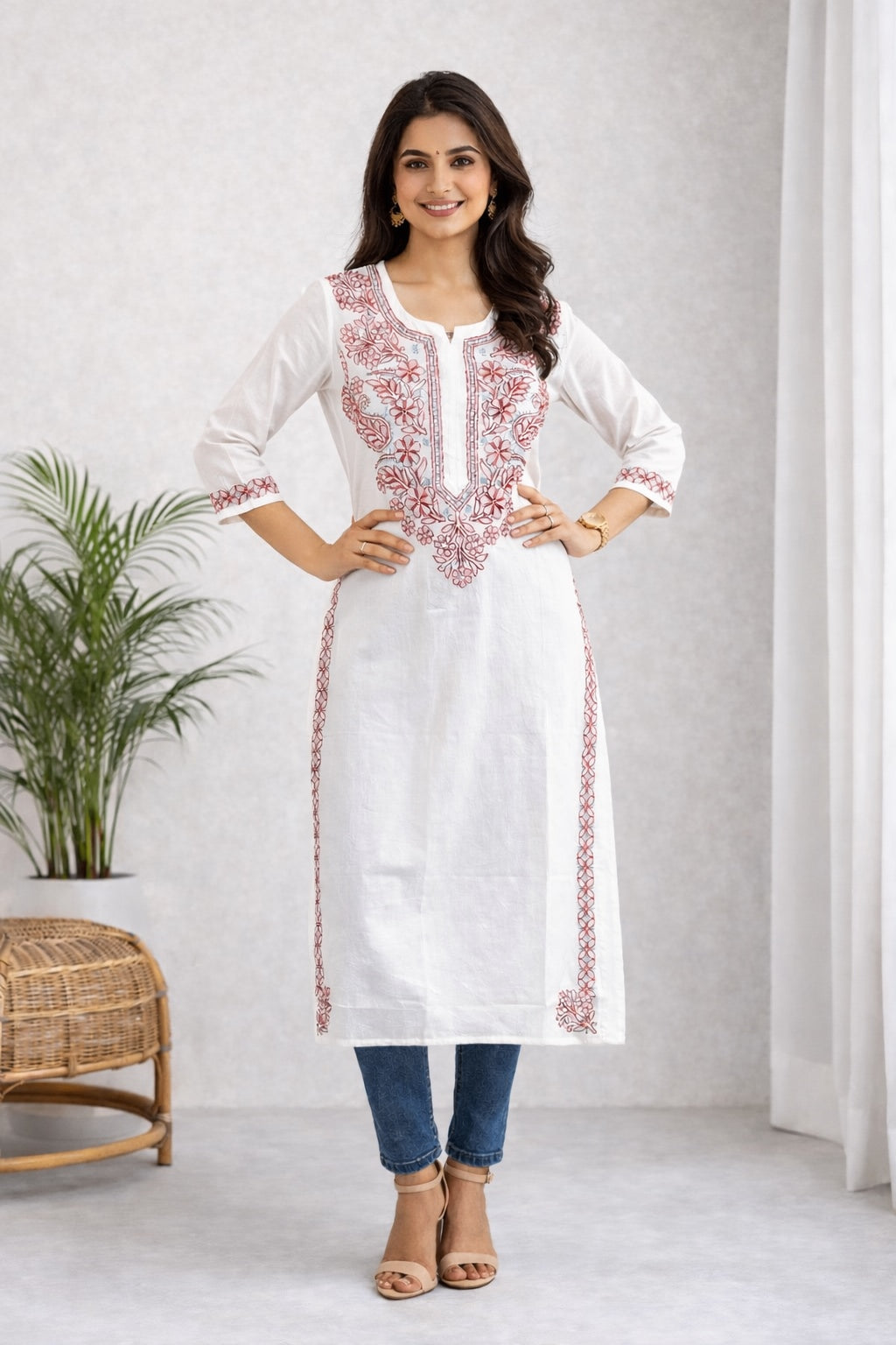 Karigiri White Chikankari Cotton Kurti Red thread Floral_KF0137