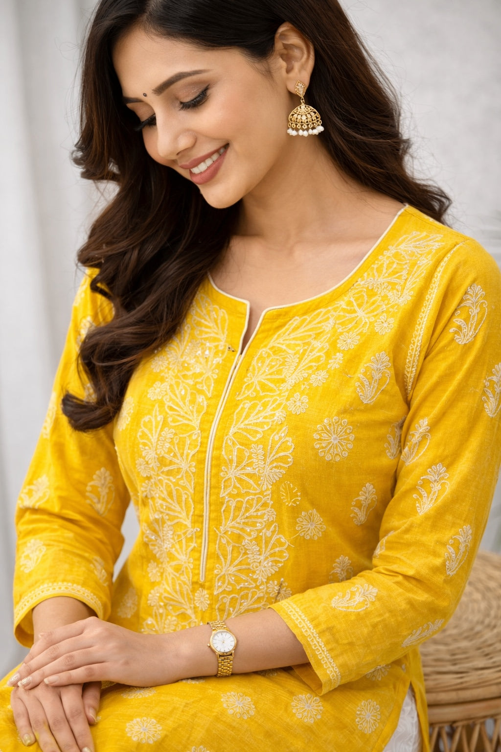 Karigiri Yellow Chikankari Rayon Cotton Kurti Women_KF0100