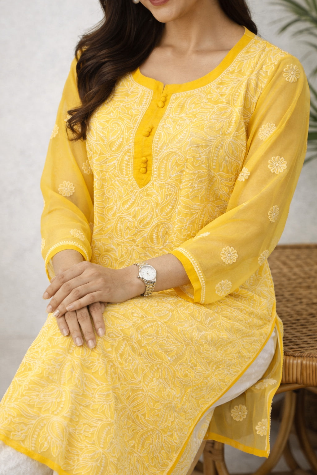 Karigiri Sunshine Yellow Chikankari Georgette Kurti_KF0067
