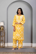 Karigiri Yellow Chikankari Hand Embroidered Muslin Kurti Set with White Floral Motifs, 3/4 Sleeves