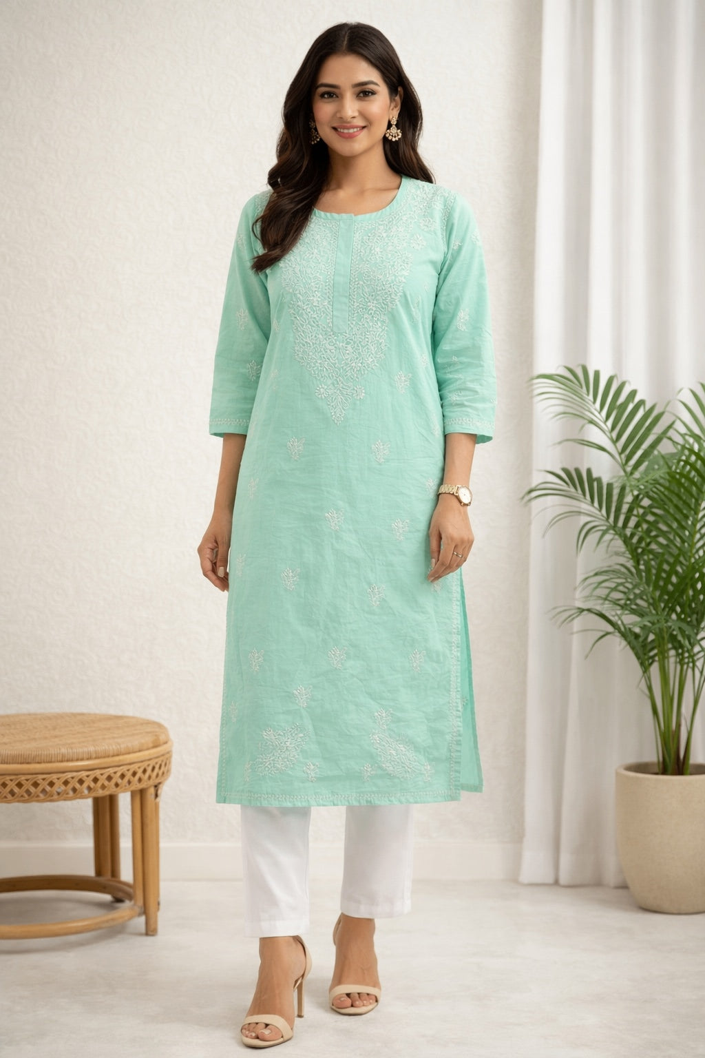 Karigiri Mint Green Chikankari Cotton Kurti_KF0129