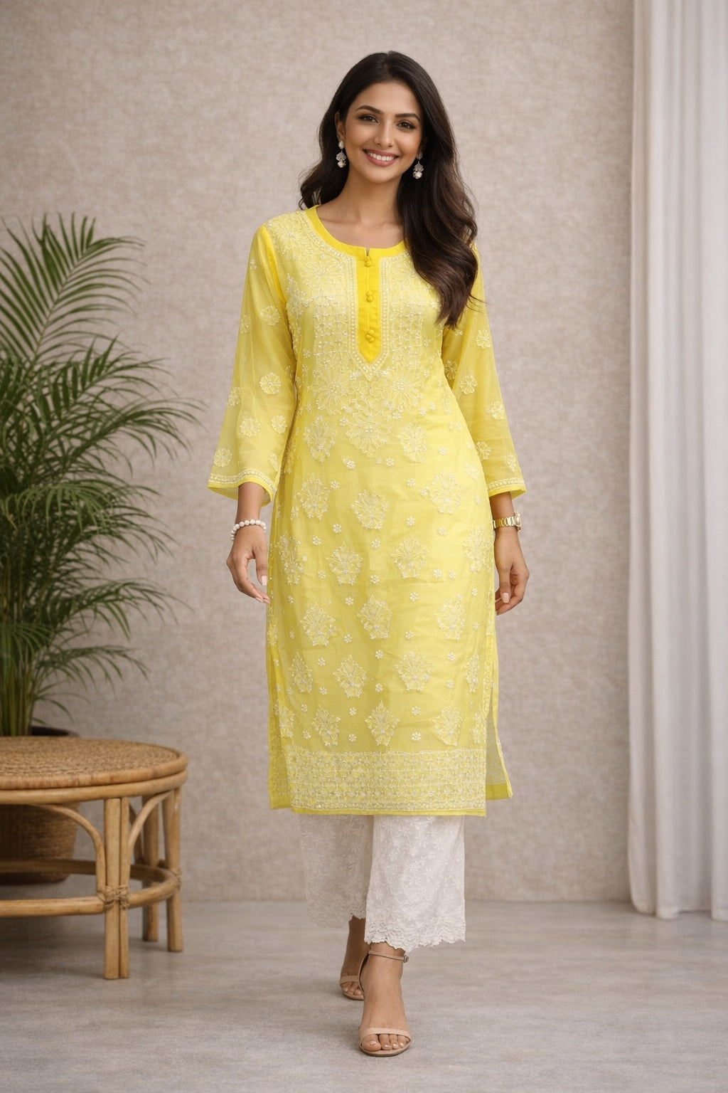 Karigiri Yellow Chikankari Georgette Kurti Women_KF0052