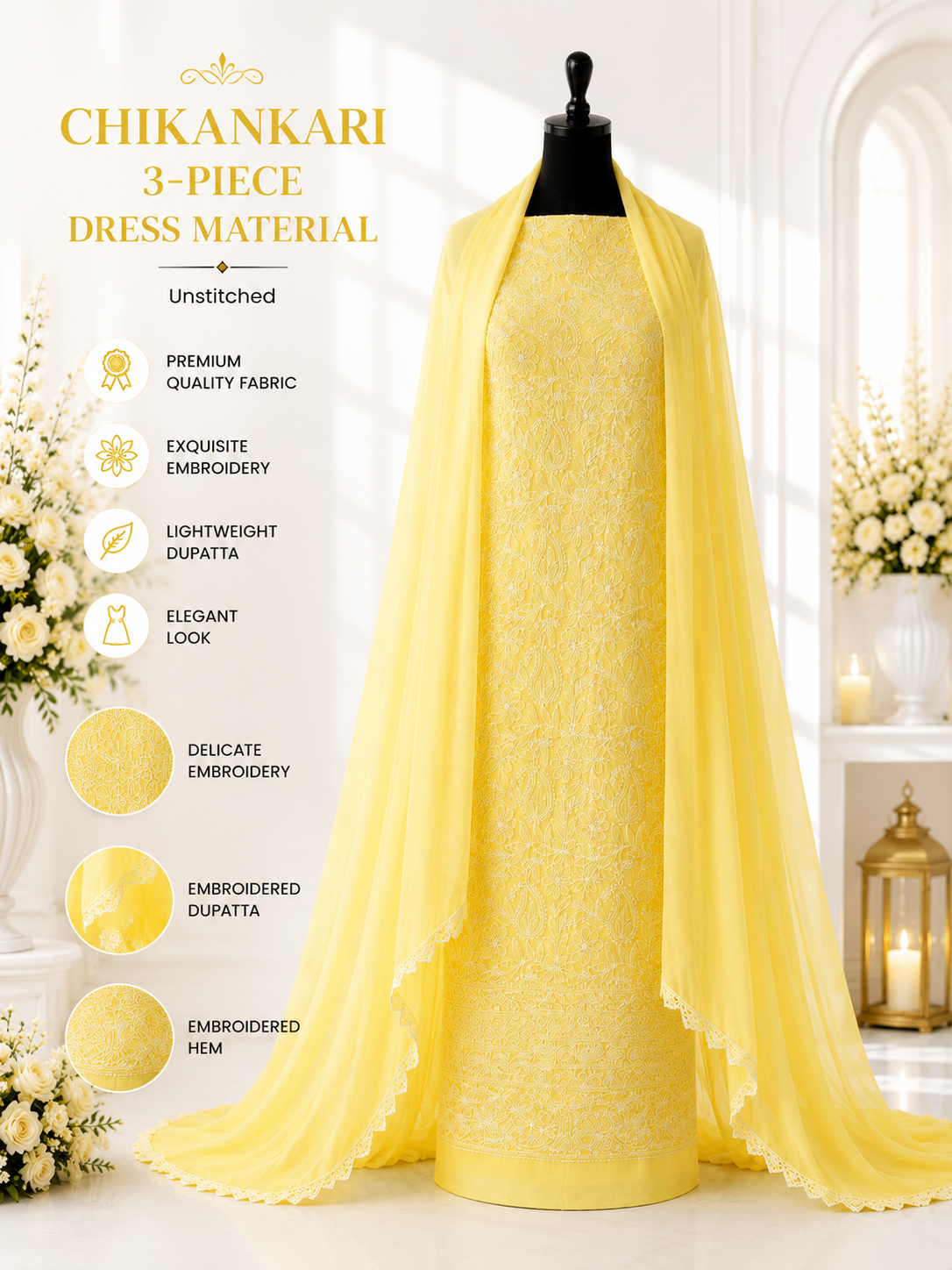 Karigiri Lemon Yellow Chikankari Cotton Dress Material