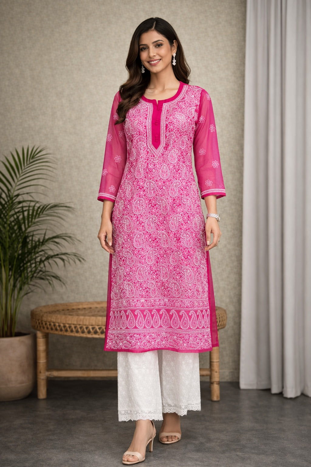 Karigiri Rani Pink Chikankari Georgette Kurti_KF0068