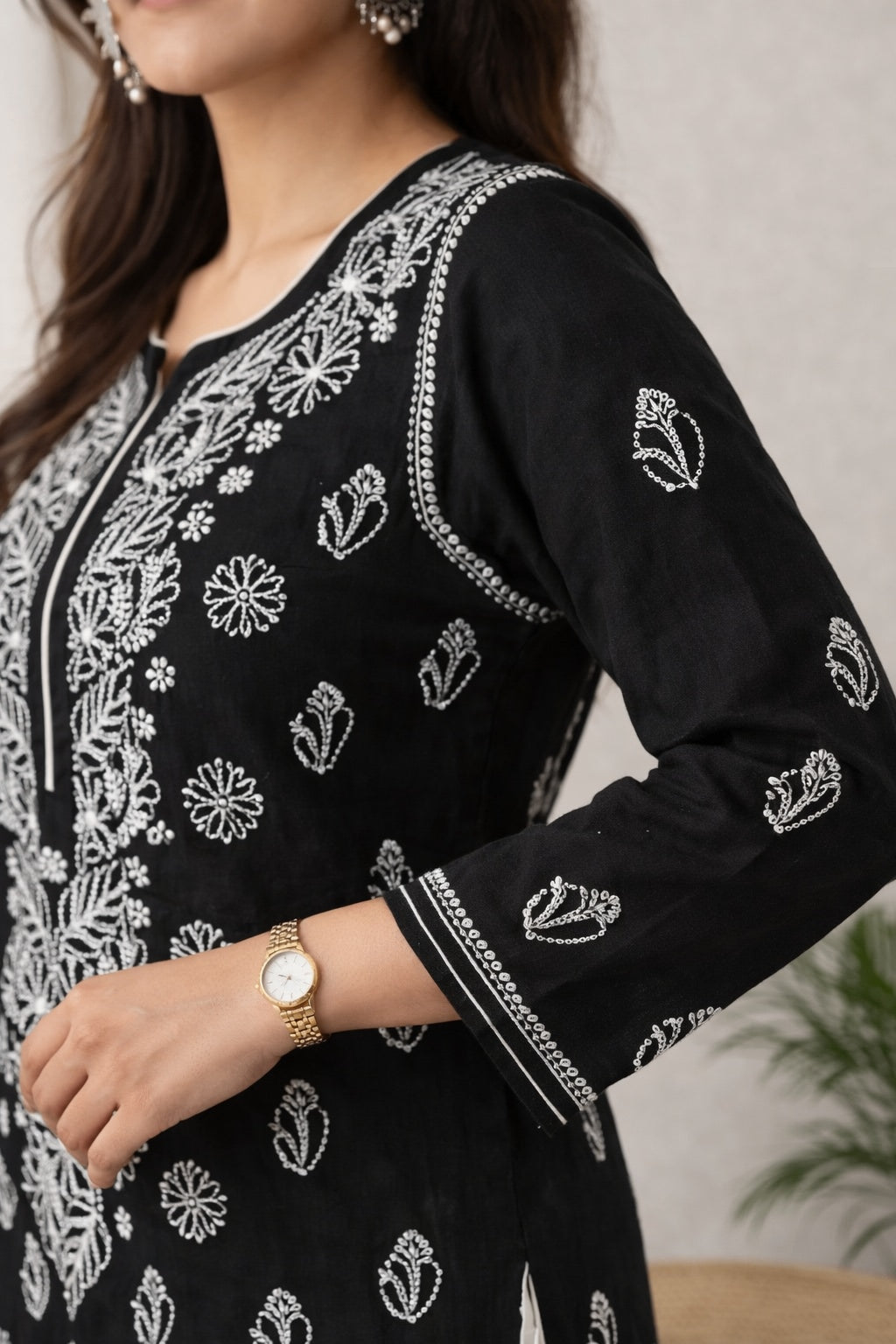 Karigiri Black Chikankari Rayon Cotton Kurti Women_KF0101