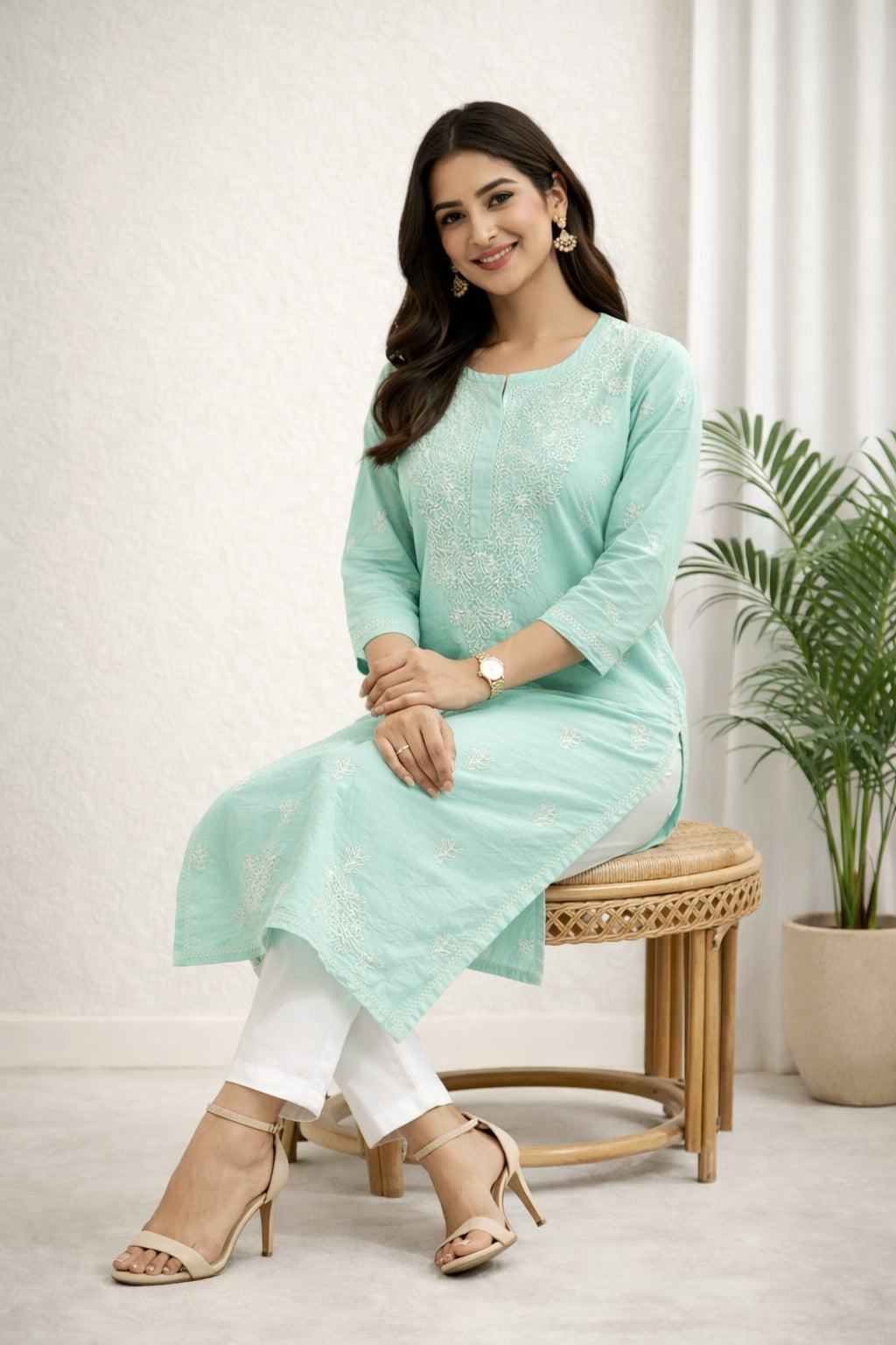 Karigiri Mint Green Chikankari Cotton Kurti_KF0129