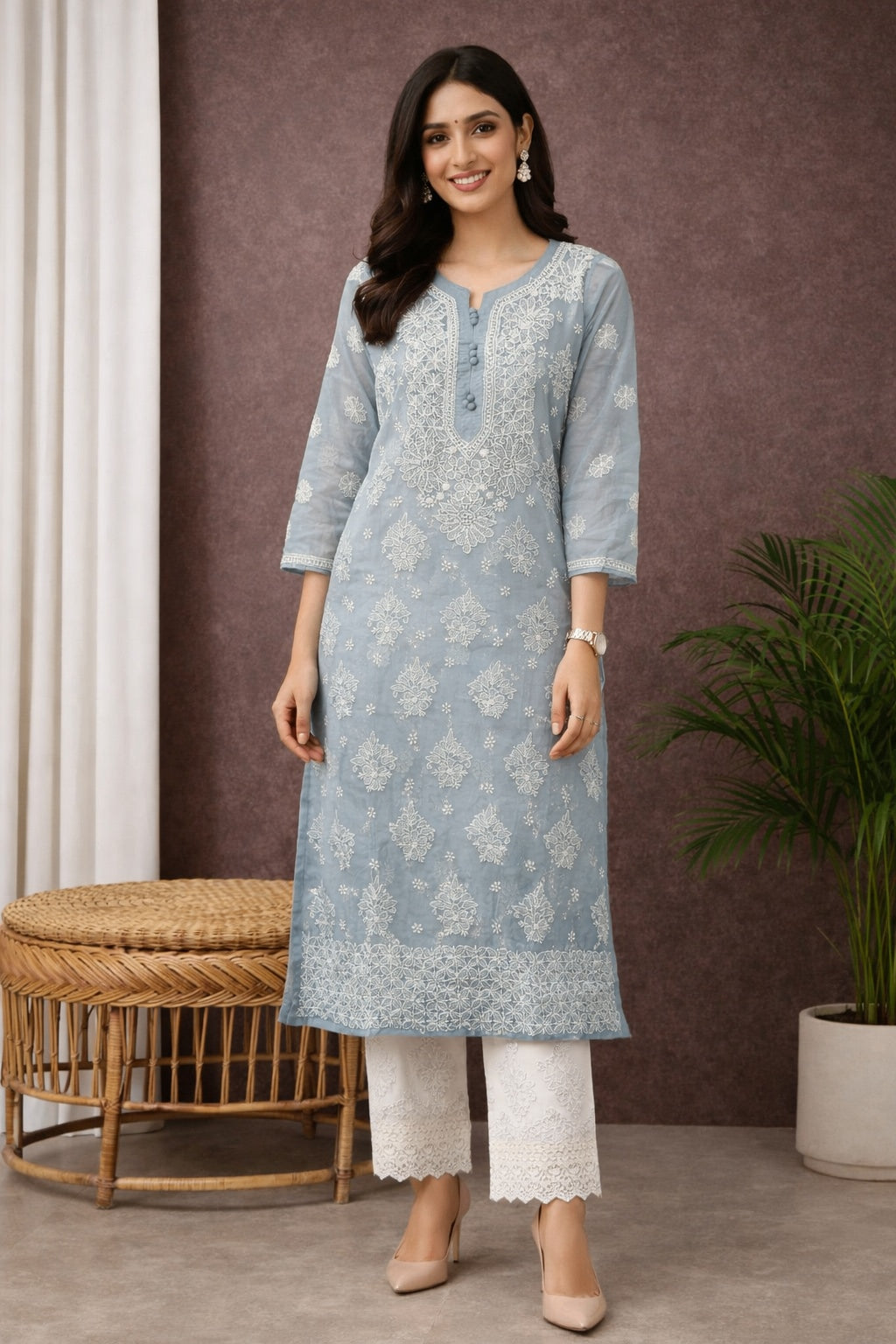Karigiri Powder Blue Chikankari Georgette Kurti_KF0158