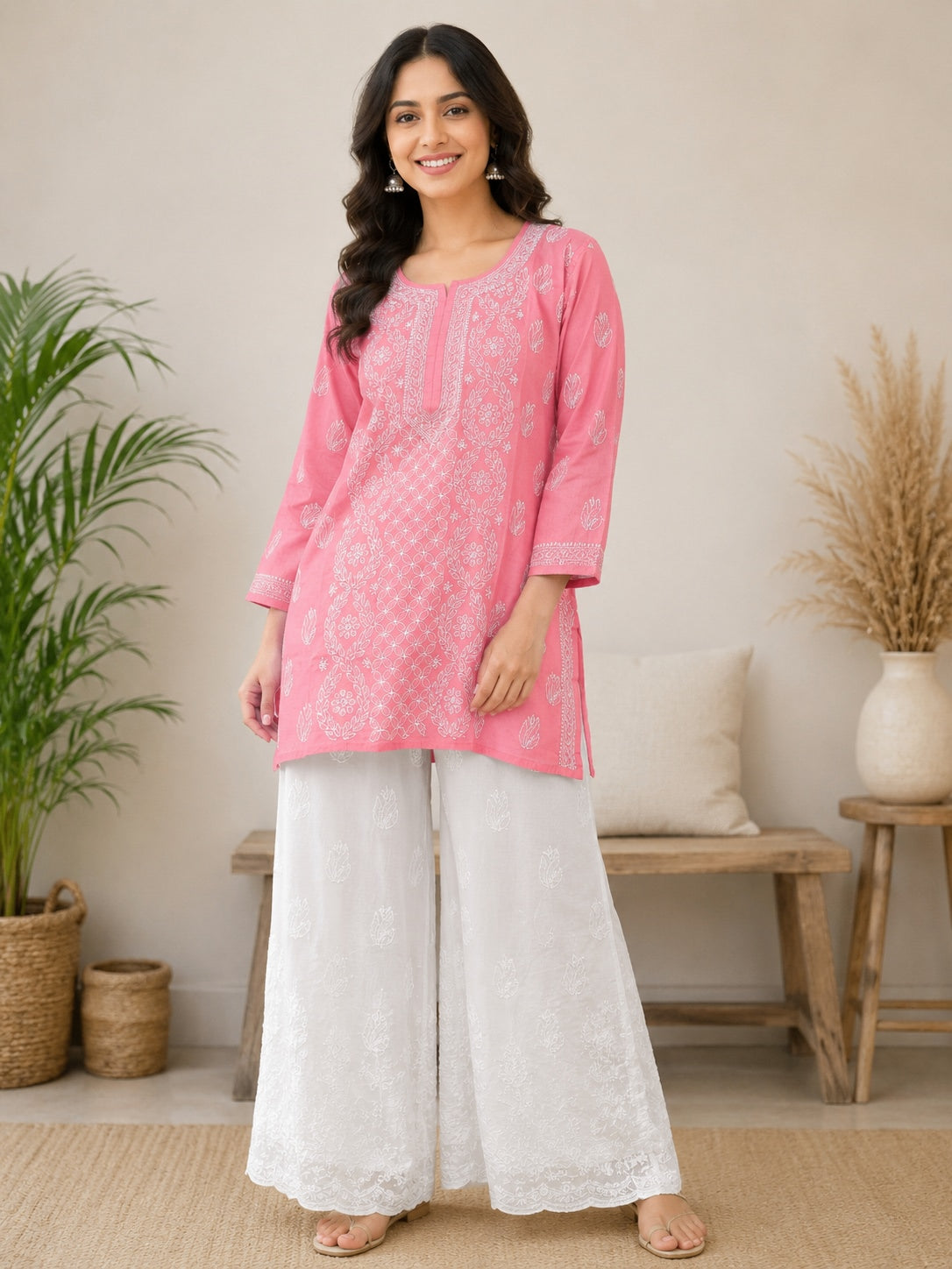 Karigiri Pink Hand Embroidered Chikankari Cotton Short Kurti_KF0304