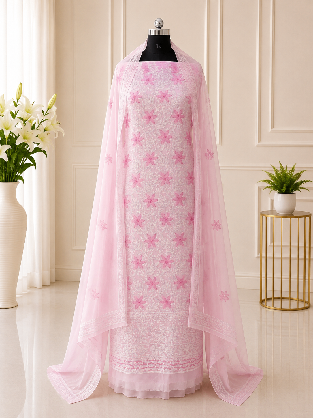 Karigiri Baby Pink Chikankari Georgette 3-Piece Dress Material