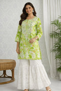 Karigiri Green Floral Chikankari Printed Cotton Short Kurti_KF0033