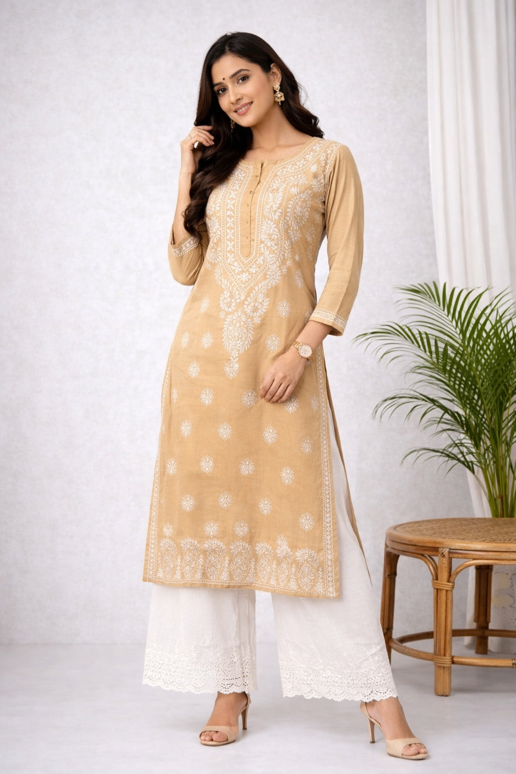 Karigiri Beige Chikankari Cotton Kurta for Women_KF0102