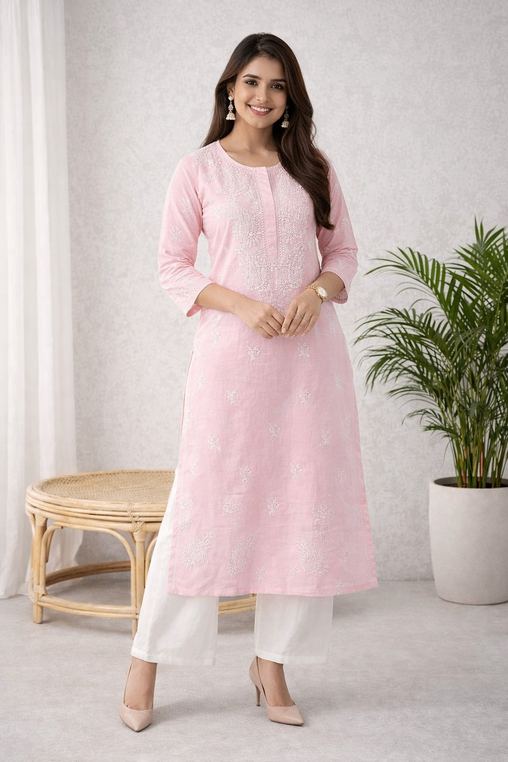 Karigiri Pink Chikankari Cotton Kurti for Women_KF0152