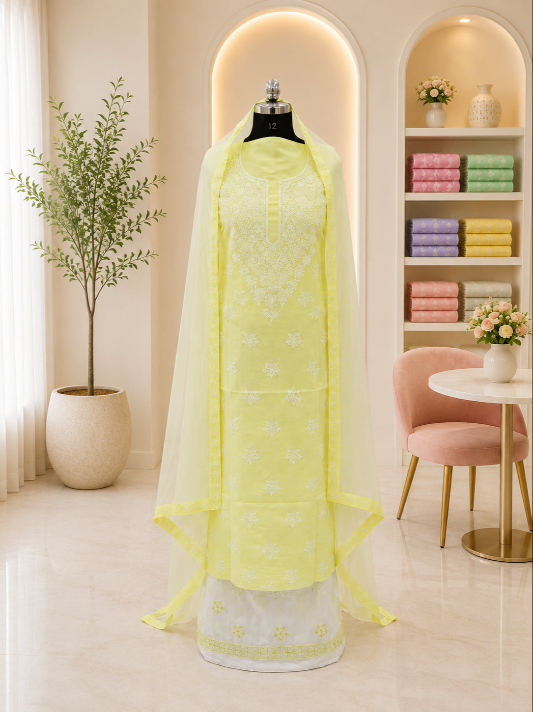 Karigiri Lemon Yellow Hand Embroidered Cotton 3-Piece Suit_AFC011