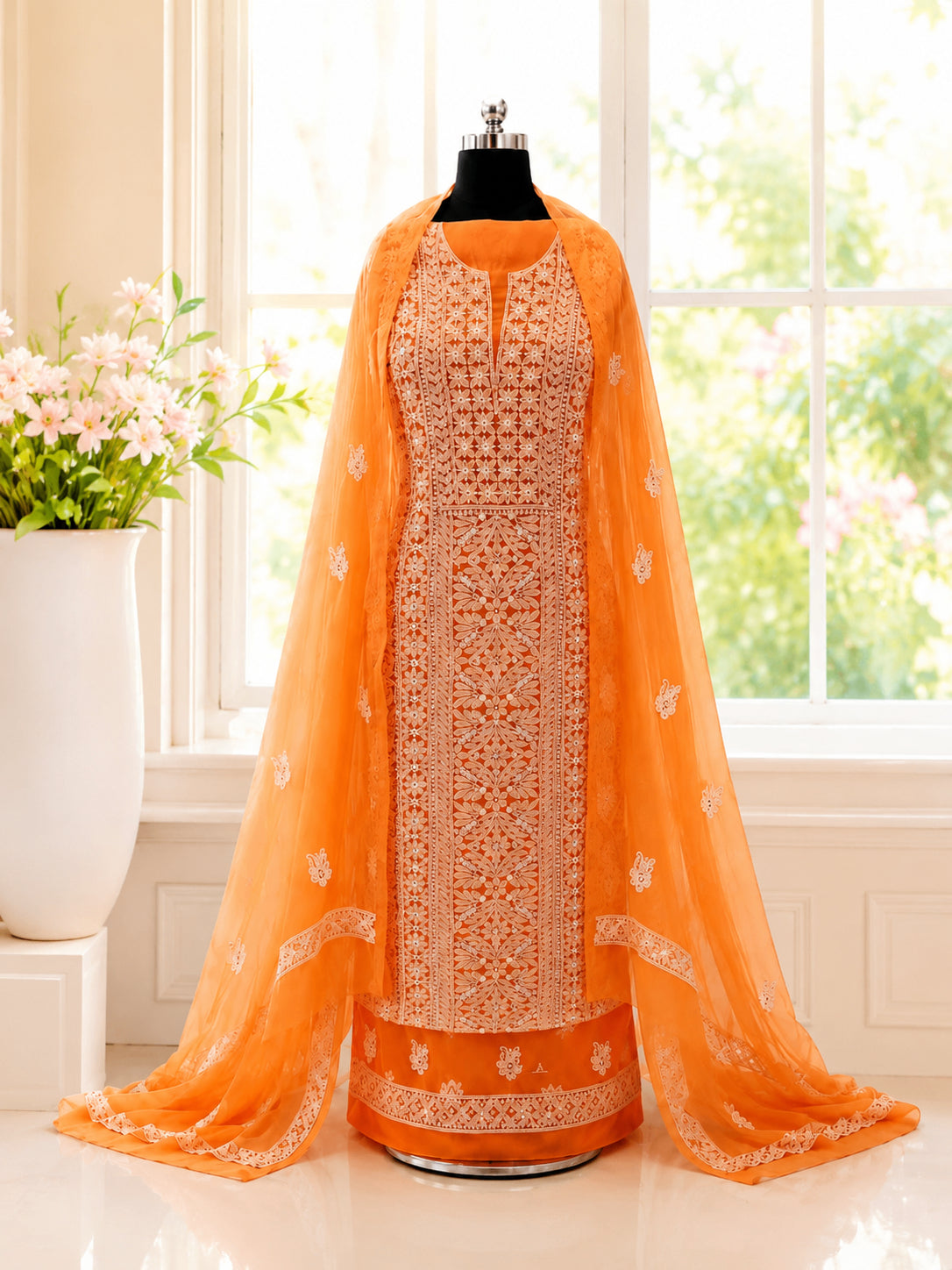 Karigiri Tangerine Orange Georgette Chikankari Dress Material_AFG006