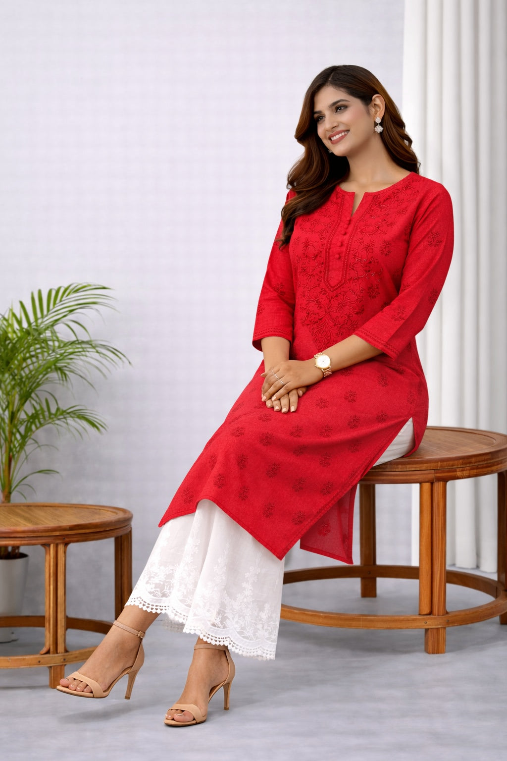 Karigiri Red Lucknowi Chikankari Cotton Kurti Women_KF0064
