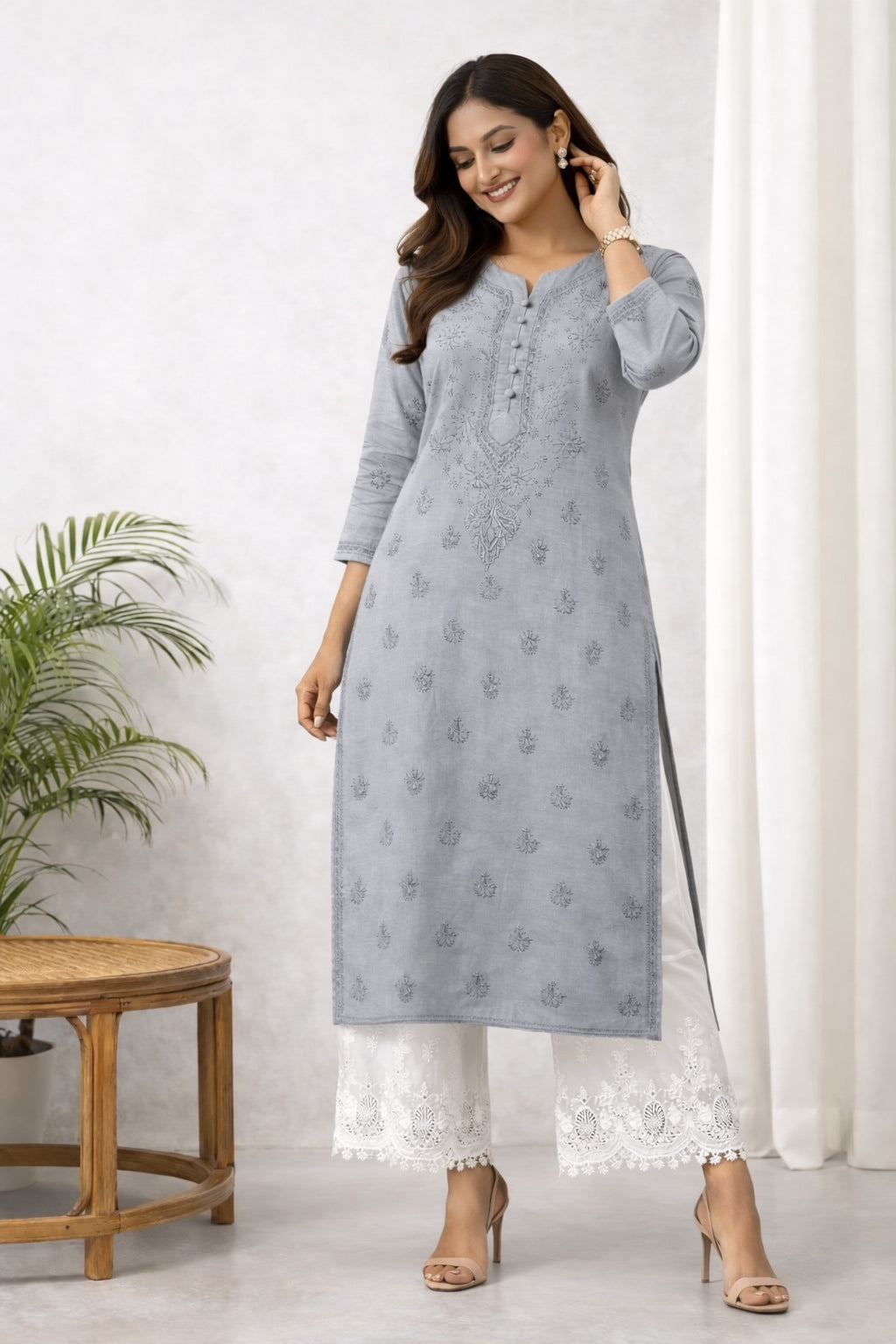 Karigiri Slate Grey Chikankari Cotton Kurti Women_KF0084