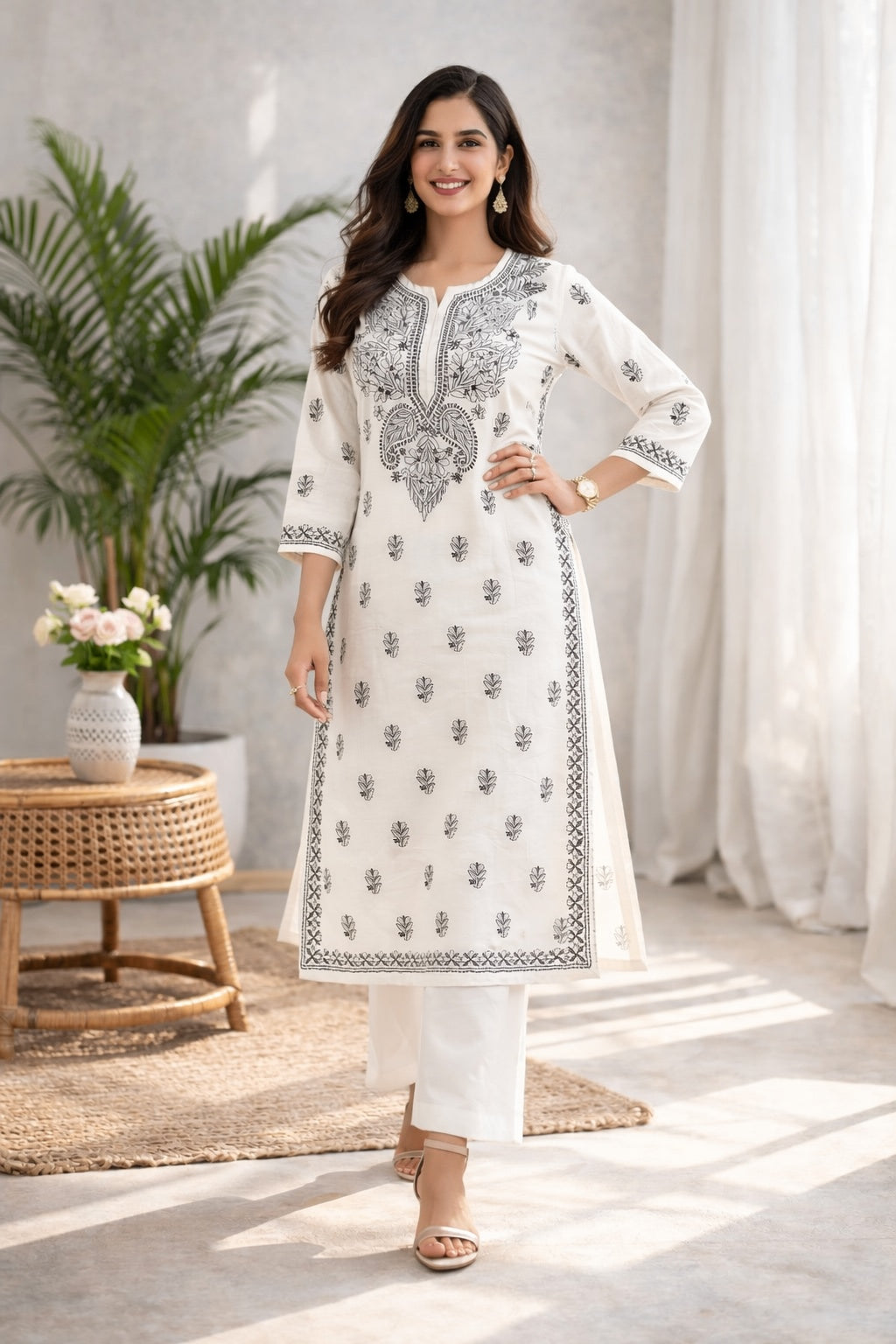 Karigiri White Chikankari Cotton Kurti 3/4 Sleeve_KF0204