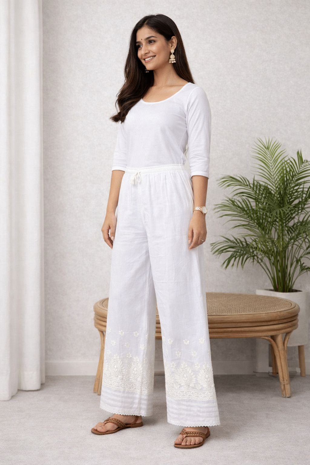 Karigiri White Chikankari Cotton Palazzo Pants_KF0195