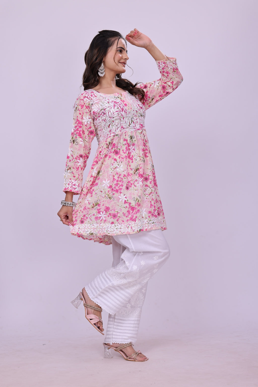 Karigiri Pink Floral Chikankari Frock Style Short Kurti for Women_KF0123