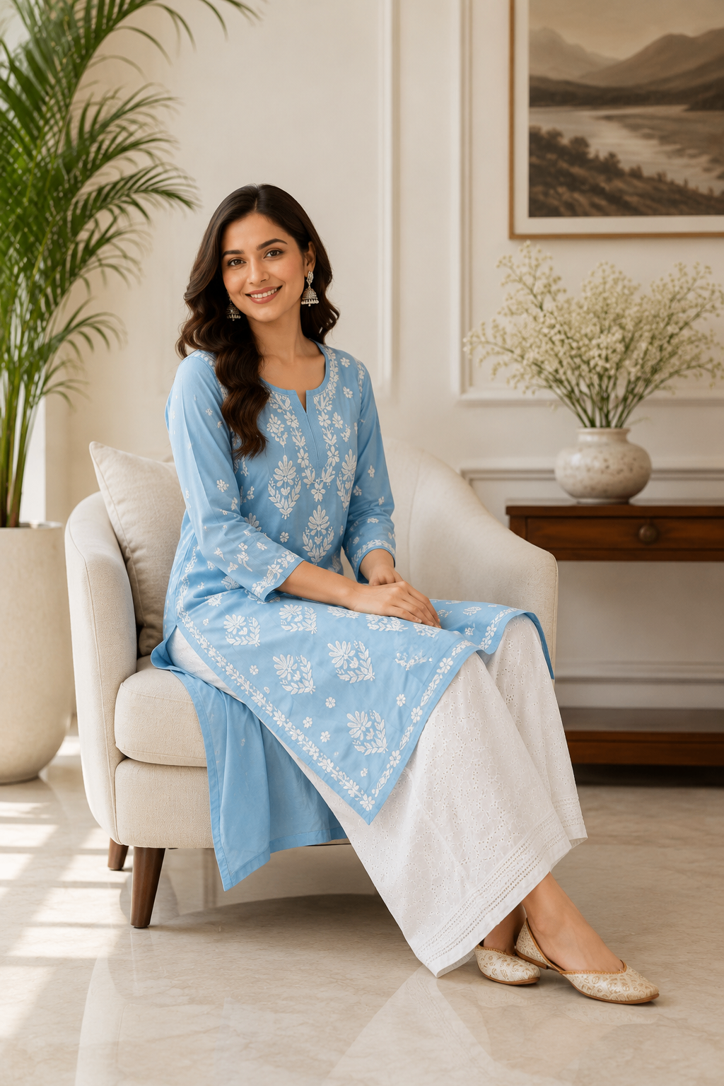 Karigiri Sky Blue Chikankari Soft Mulmul Cotton Kurti Women_KF0182