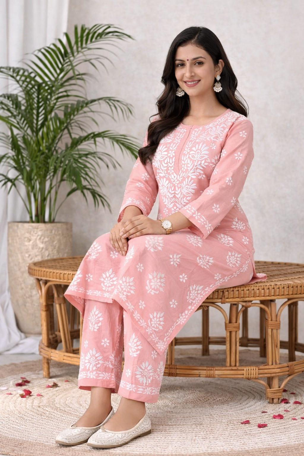 Karigiri Blush Pink Chikankari Cotton Kurti Set_KF0020